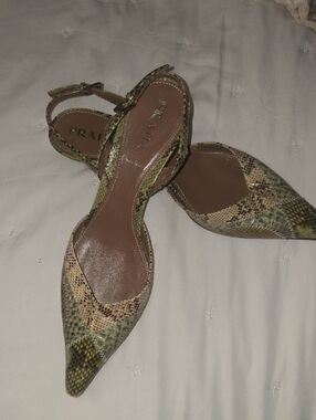 Prada Olive and Beige Snake-Print Pointed Slingback Heels